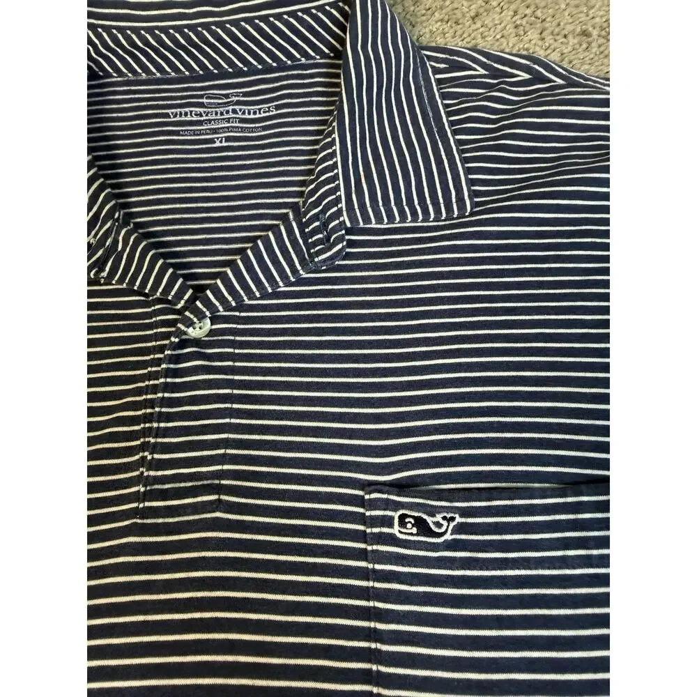 Vineyard Vines Polo Shirt Mens XL Blue Striped Short Sleeve 100% Pima Cotton